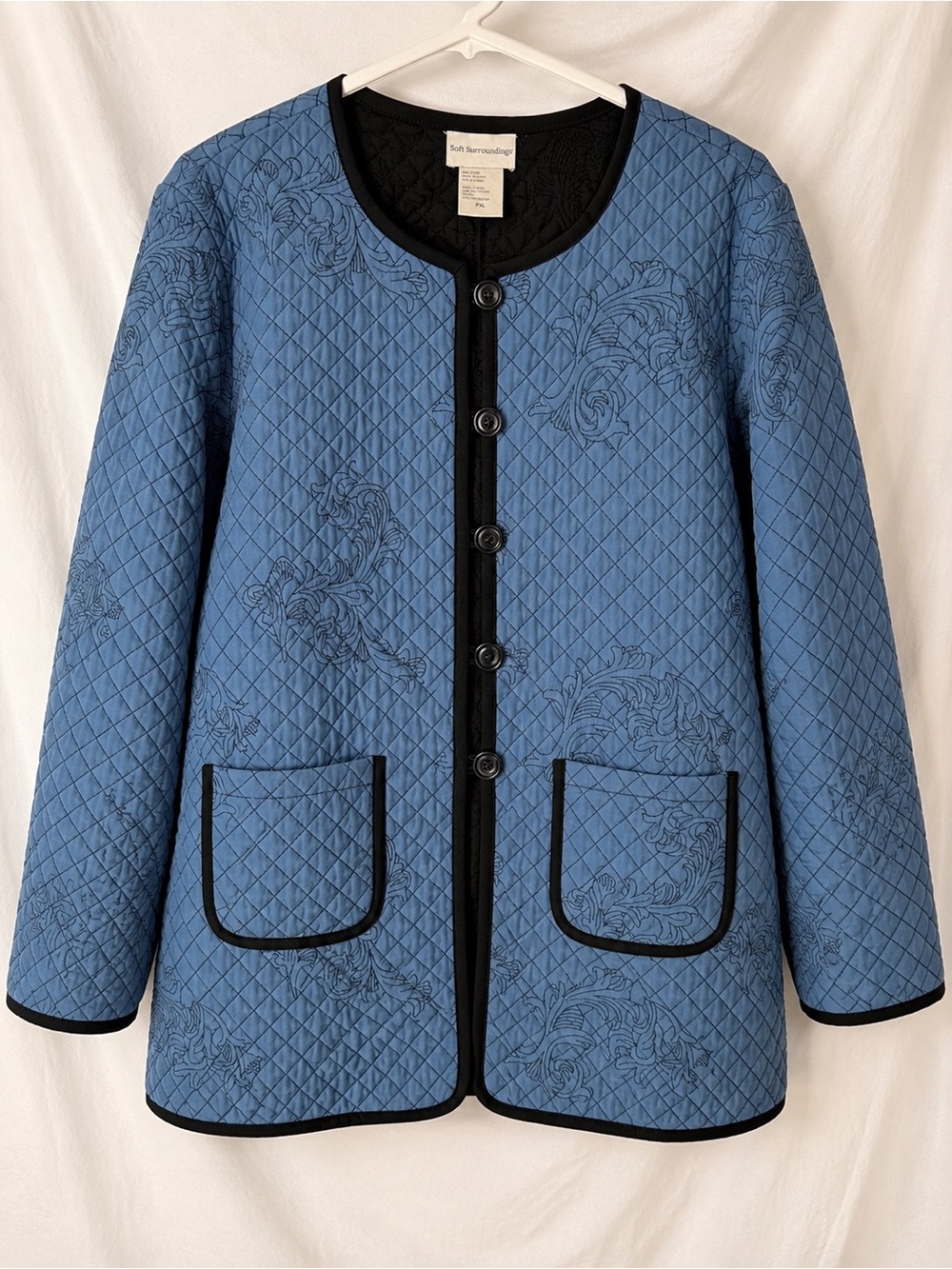 Soft Surroundings Quilted Blue Button-Front Puffer Jacket with Black Trim - Picture 3 of 7